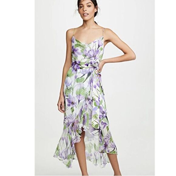 Alice + Olivia Dresses & Skirts - ALICE + OLIVIA White Purple Green Floral Print Cowl Neck Ruffle Slit Dress Sz 0